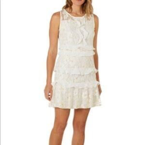 Lapis & Lillies Elegant Cream Gold Floral Lace Ruffle Sleeveless Dress Size 10